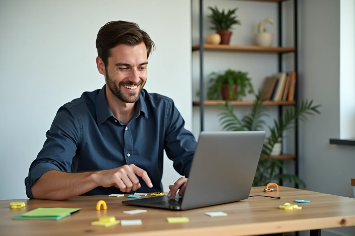 Homme utilisant un clavier d'emojis sur ordinateur portable entouré de symboles porte-bonheur, représentant la combinaison d'emojis de chance et de symboles positifs
