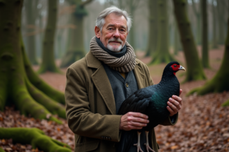 Homme folkloriste avec perdrix noire en forêt