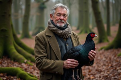 Homme folkloriste avec perdrix noire en forêt