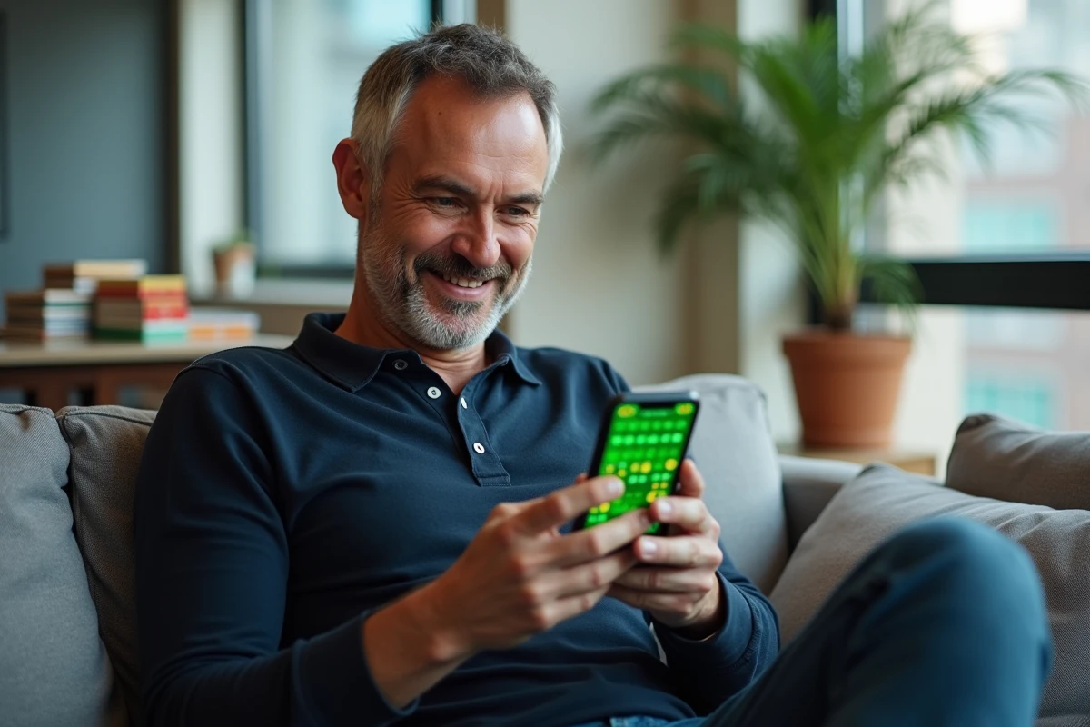 Homme utilisant une application de jeu de lettres type Sutom sur smartphone dans un salon moderne, comparaison jeux numériques et classiques