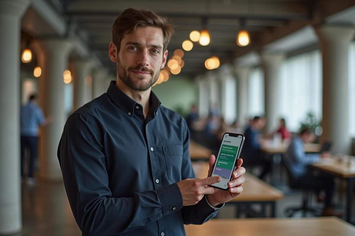 Homme consultant un site de journées mondiales sur smartphone dans un espace de coworking