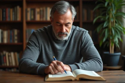 Homme concentré comparant des traductions du Quran