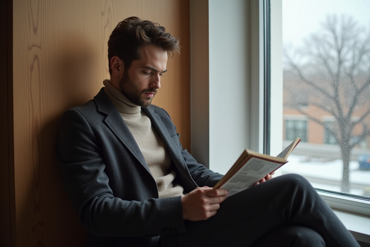 Homme lisant un magazine près d