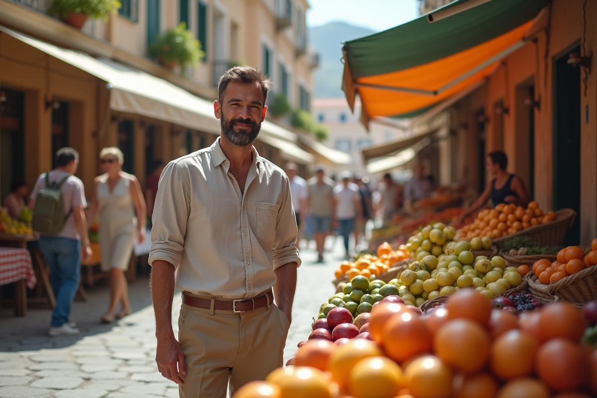 Homme achetant des fruits frais au marché en plein air