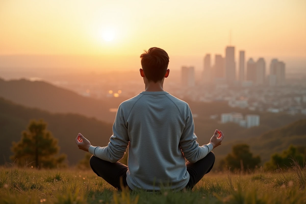 Jeune homme méditant sur une colline au lever du soleil