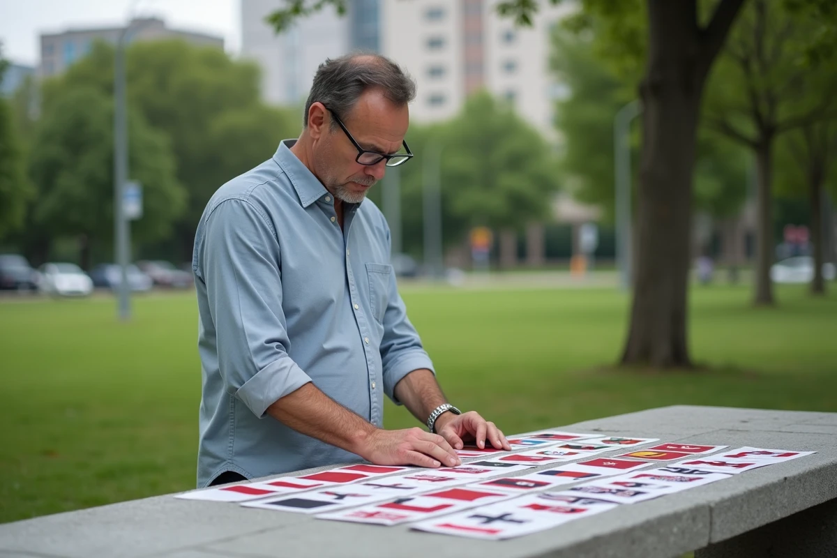 Homme arrangeant des cartes de pays avec drapeaux dans un parc