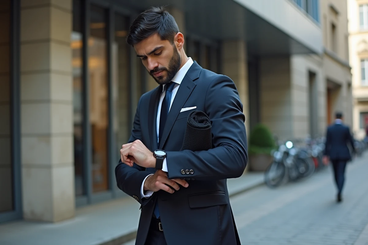 Professionnel musulman vérifiant l'heure de la prière devant un immeuble de bureaux à Nantes, tapis de prière sous le bras