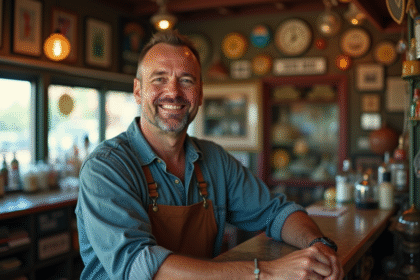 Homme souriant avec barbe dans une boutique vintage lumineuse