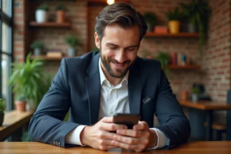 Homme souriant dans un café urbain avec ambiance chaleureuse