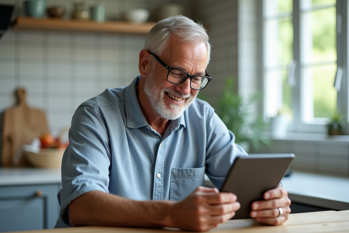 Homme senior souriant utilisant une tablette en cuisine