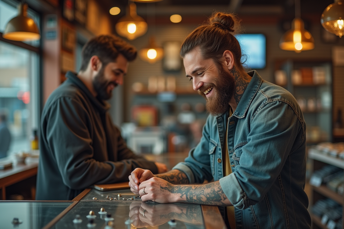 Homme avec tatouages explorant des objets dans une boutique moderne