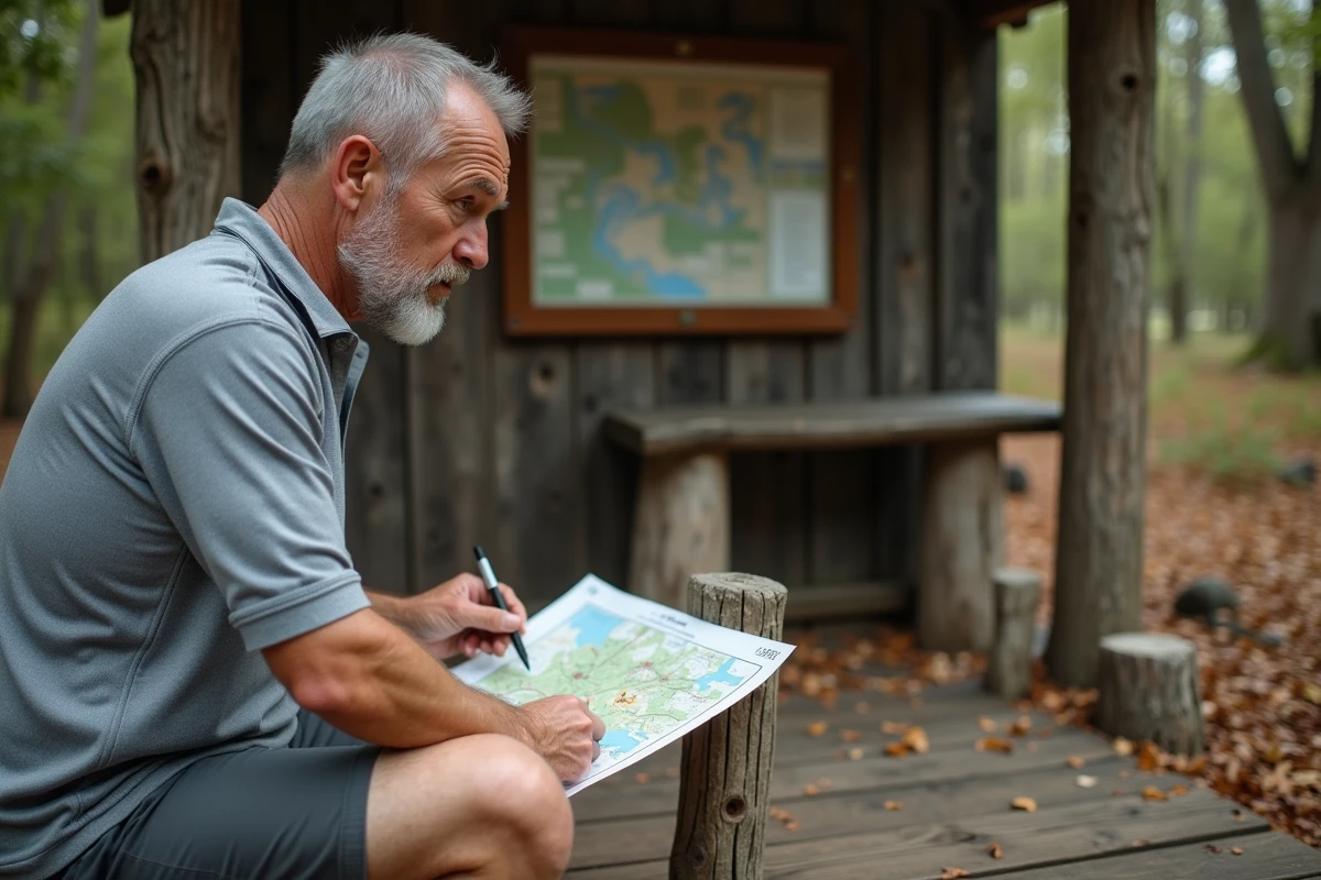 Homme lisant une carte au trail en forêt