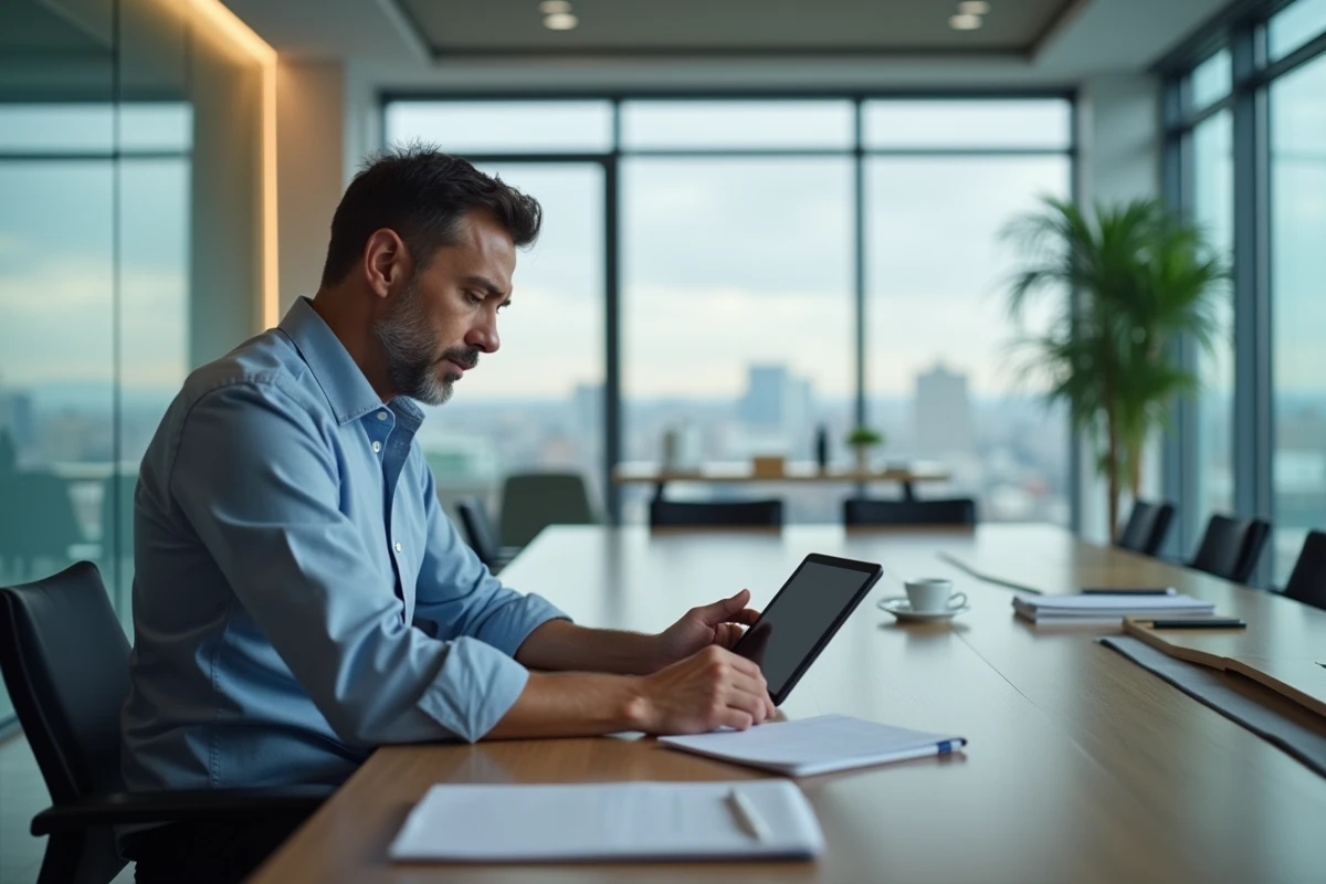 Homme en réunion utilisant une tablette dans un bureau moderne