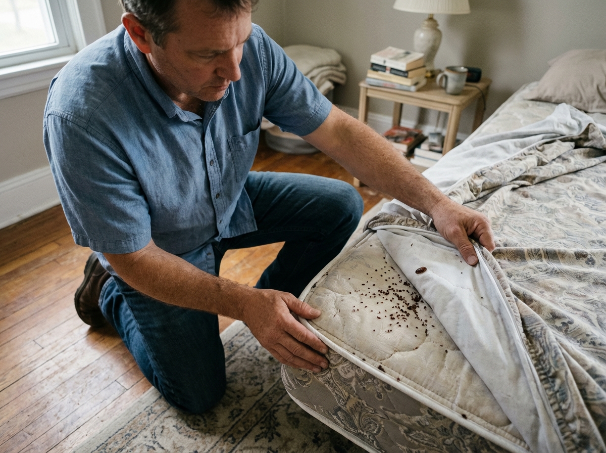 Homme soulevant un matelas pour détecter des punaises