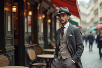 Homme en costume 1920s devant un cafe parisien