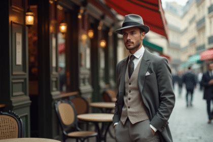 Homme en costume 1920s devant un cafe parisien