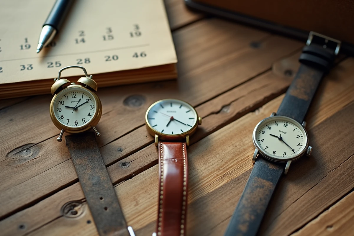 Plusieurs horloges et montres analogiques disposées sur une surface en bois rustique lors d'une synchronisation pour le passage à l'heure GMT+2