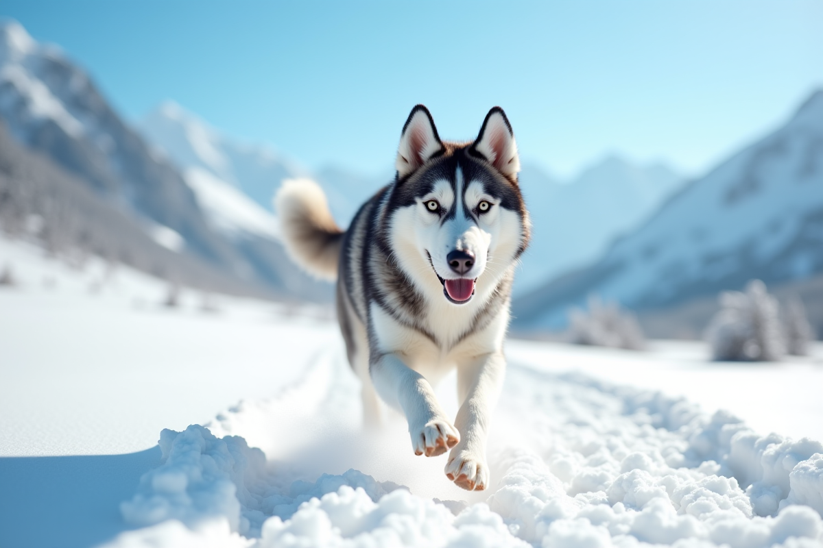 Husky curieux courant dans la neige en montagne