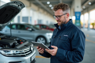 Ingénieur automobile avec un sedan en inspection