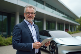 Ingénieur homme moderne avec voiture électrique innovante