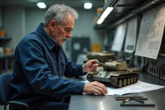 Ingénieur français examine un modèle réduit du Leclerc