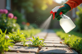 Personne pulvérisant du vinaigre blanc sur des mauvaises herbes entre pavés