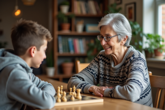 Une femme âgée souriante joue aux échecs avec un jeune garçon dans un centre communautaire