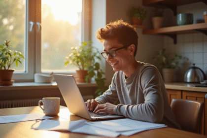 Jeune adulte souriant à la cuisine avec ordinateur et café