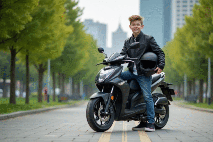 Jeune garçon avec casque et veste en moto urbaine