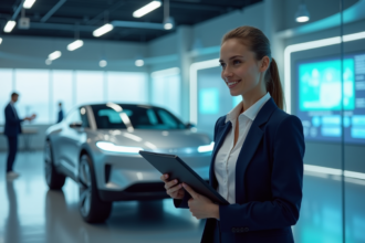 Jeune femme ingénieure automobile devant une voiture électrique futuriste