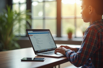 Jeune étudiant utilisant un ordinateur portable dans un bureau lumineux