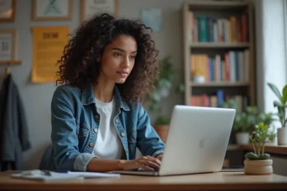 Jeune femme concentrée sur son ordinateur dans son appartement