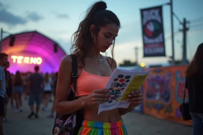 Jeune femme lisant un guide de réduction des risques à l'entrée d'un festival techno en plein air