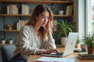 Jeune femme en home office regardant son ordinateur