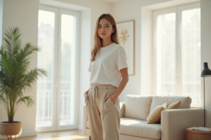 Jeune femme dans un salon lumineux et moderne avec style minimaliste