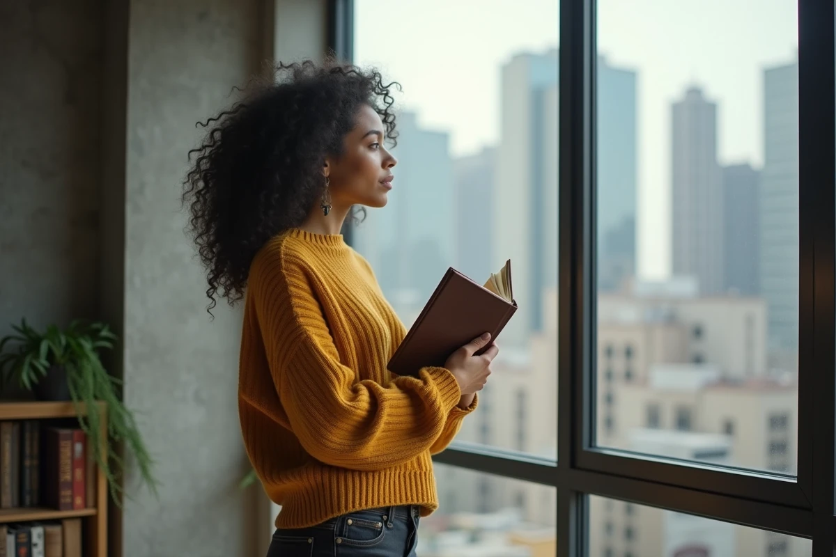 Jeune femme tenant un livre sacré dans un appartement moderne avec vue sur la ville contemporaine