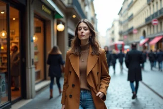 Jeune femme élégante marchant dans une rue urbaine animée