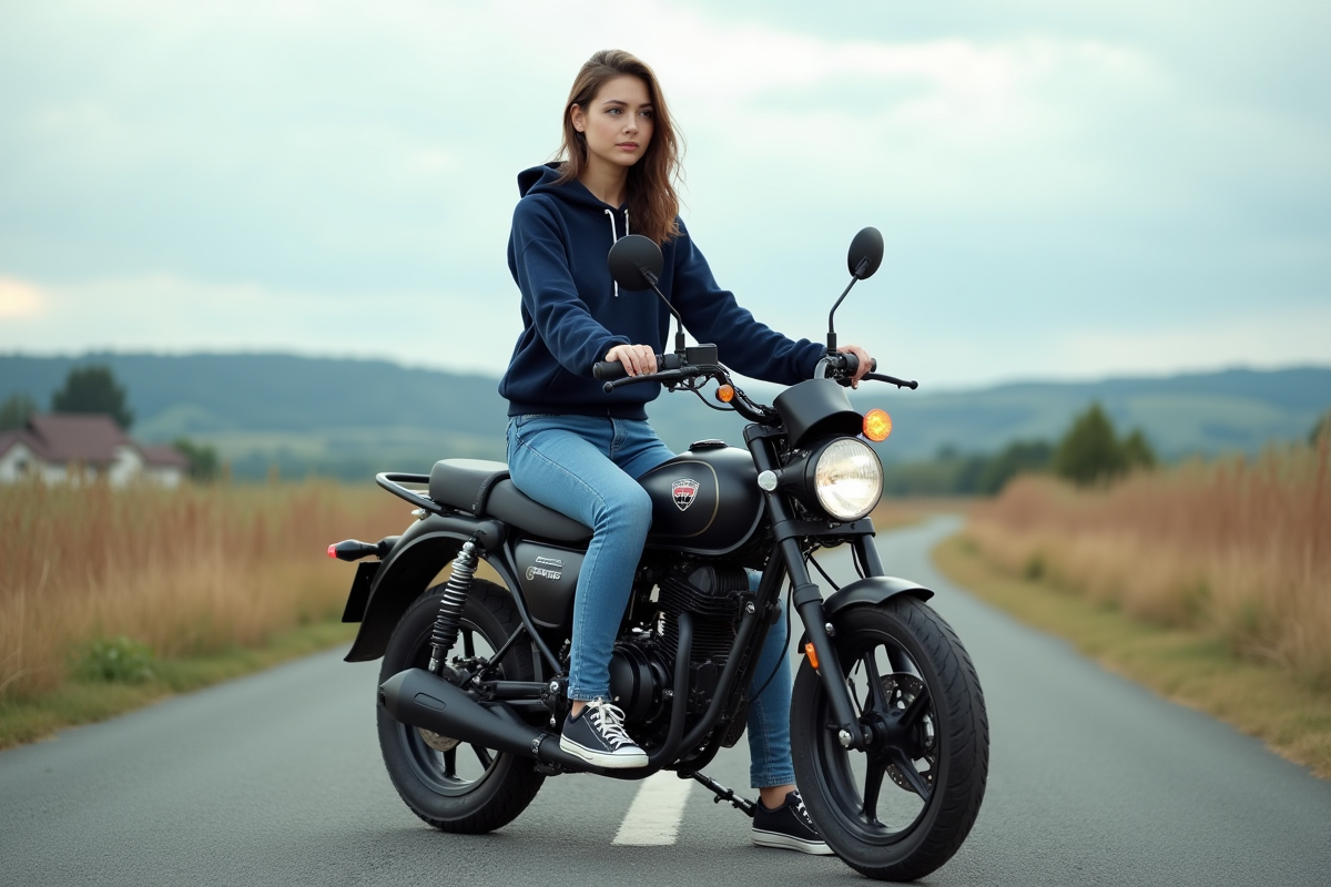 Jeune femme à moto en campagne avec paysage rural