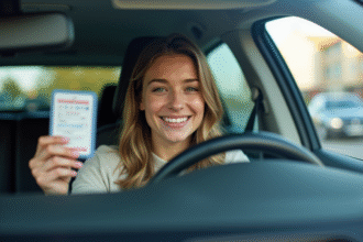 Jeune femme souriante avec permis de conduire dans la voiture