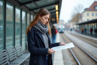 Jeune femme en tram à Strasbourg regardant la carte