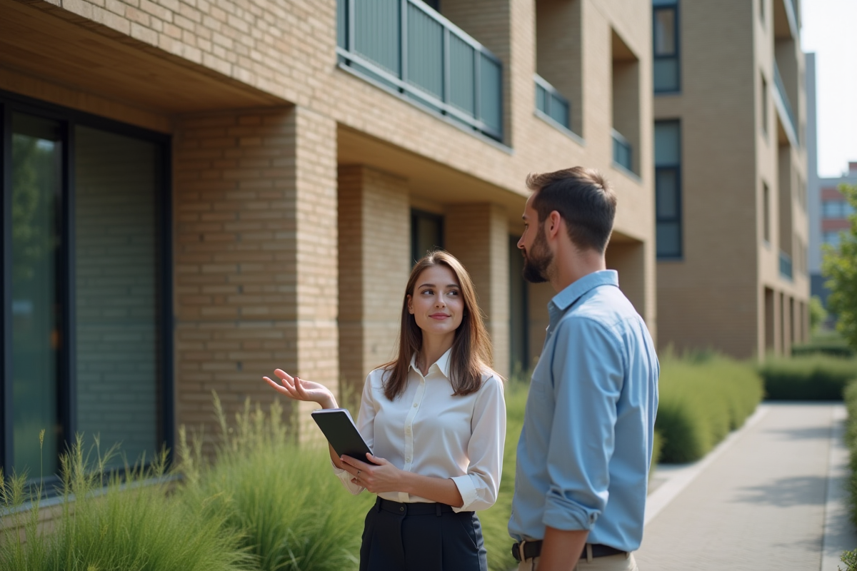 Jeune femme discutant devant un immeuble urbain