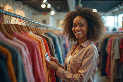 Jeune femme souriante compare deux tenues tendance dans un magasin de seconde main