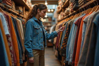 Jeune femme en vintage denim dans une friperie urbaine