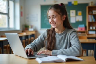 Jeune fille de 16 ans en classe avec ordinateur portable