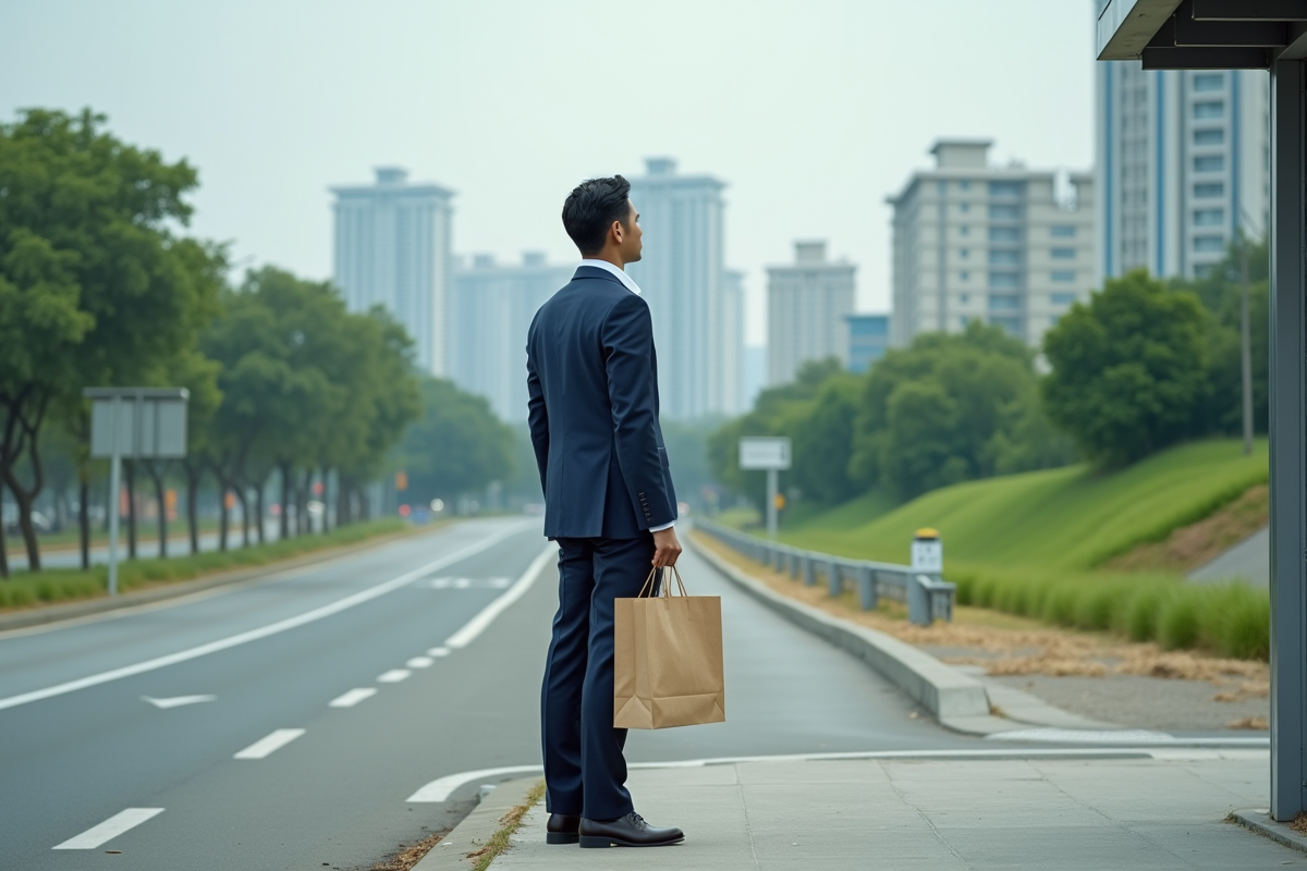 Jeune homme en costume au arrêt de bus urbain