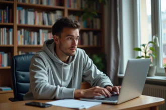 Jeune homme regardant un site manga en français sur son ordinateur