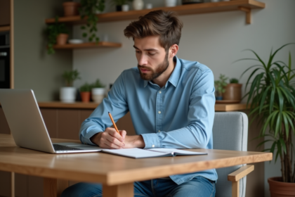 Jeune homme en cuisine travaillant sur son ordinateur