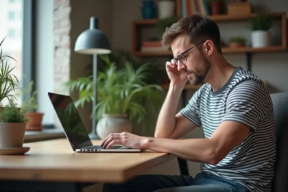 Jeune homme concentré travaillant sur son ordinateur dans un bureau moderne