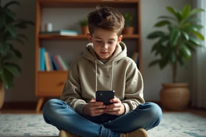 Adolescent concentré jouant au jeu Google Snake dans son salon