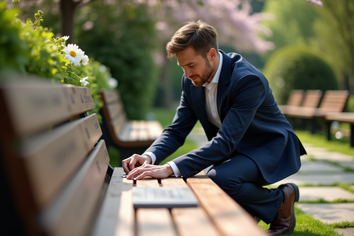 Jeune homme posant une plaque sur un banc dans un jardin de mémoire